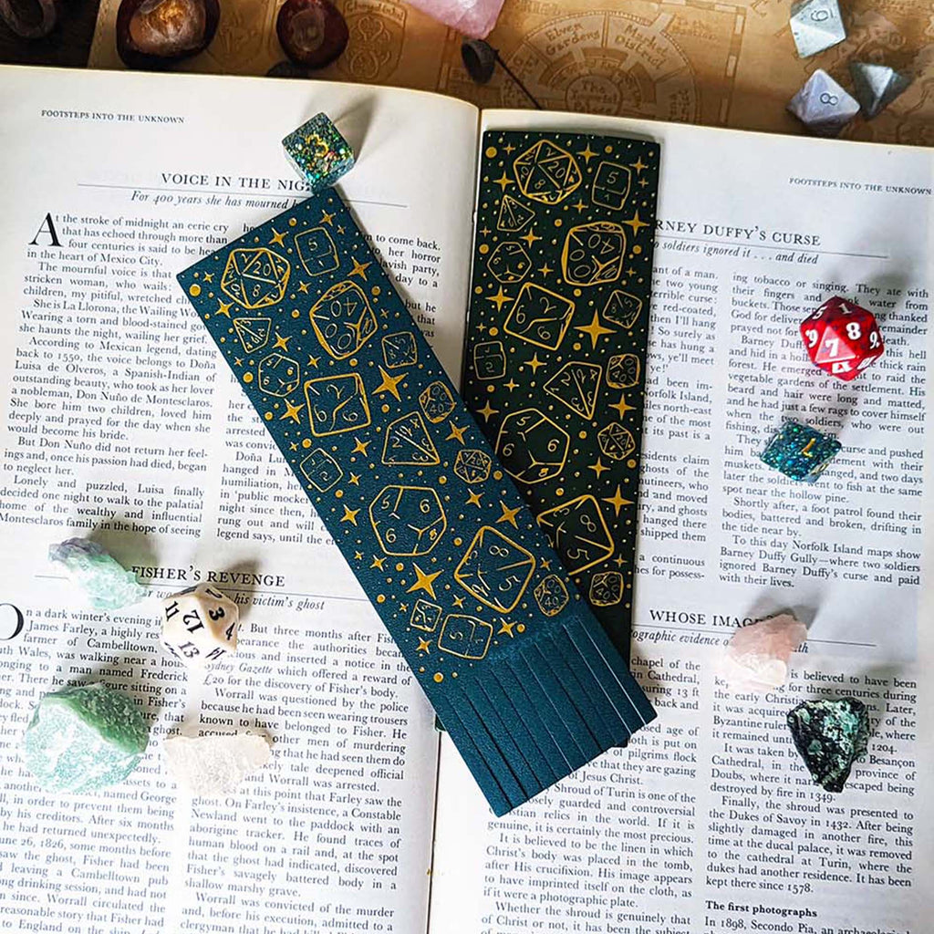 Dungeons Dice Pattern Bookmark- Gold Foil - Vegan Leather